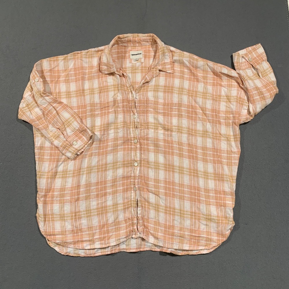 American Eagle Oversized Plaid Linen Blend Button Down Shirt Cottagecore Beach M